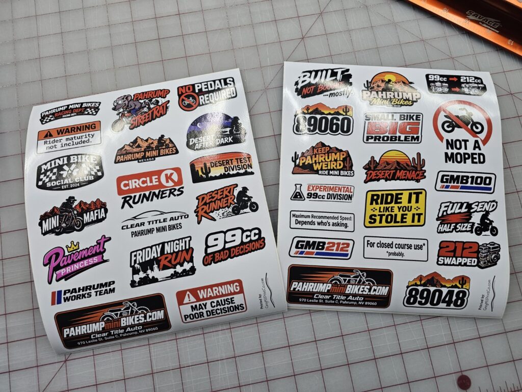 Two Pahrump Mini Bikes sticker sheets